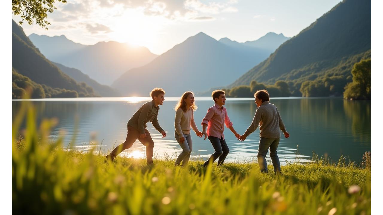 Glückliche Familie am Ufer des Vierwaldstättersees mit alpiner Kulisse im Hintergrund