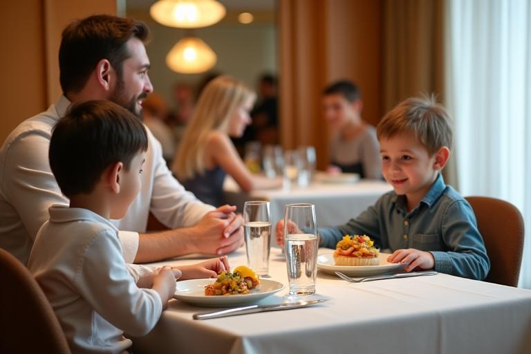 Ein Familienrestaurantbereich mit einem liebevoll gedeckten Kindertisch und einer Spielecke im Hintergrund.