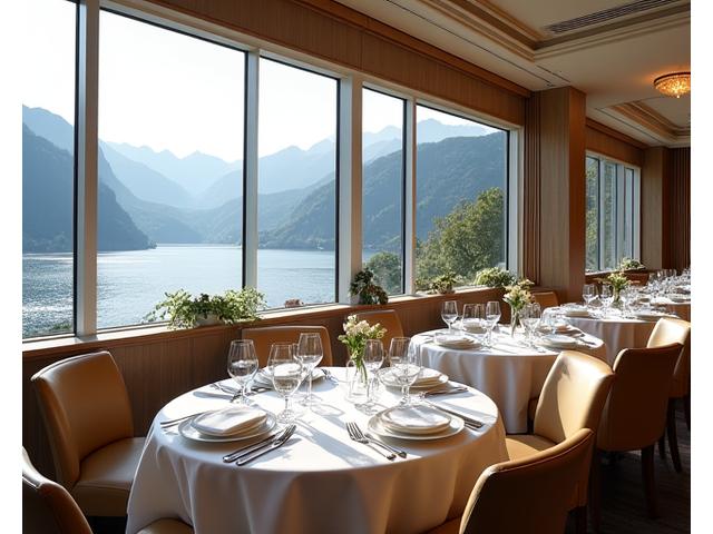 Eleganter Speisesaal mit Tischen und Seeblick