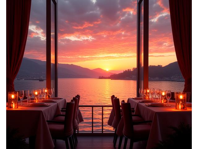 Blick auf den Vierwaldstättersee bei Sonnenuntergang vom Restaurant aus