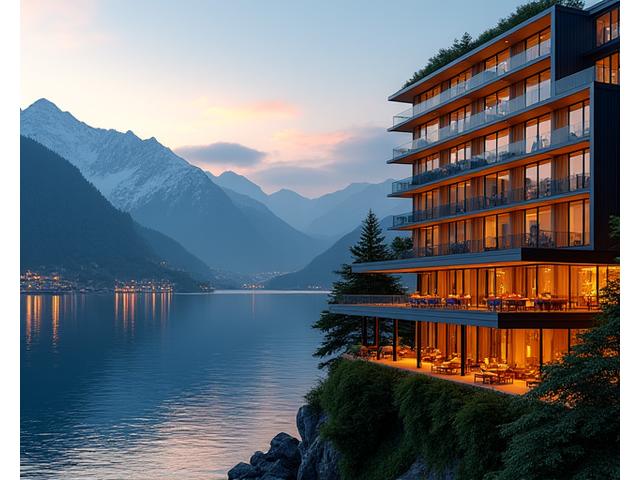 Das moderne Alpenblick Hotel im Sonnenuntergang, mit elegant beleuchteten Terrassen und dem See im Hintergrund.